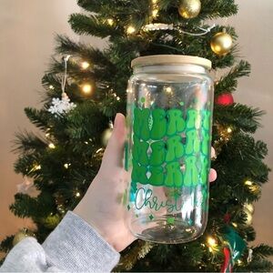 Merry Merry Merry Christmas 16 oz Glass cup‎ NEW